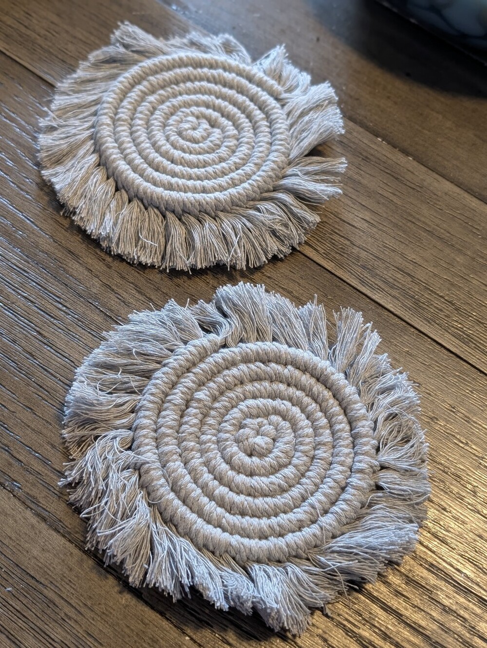 Boho Fringe Rope Coasters Set of 2 Gray Macrame Coasters Handmade Woven Rustic